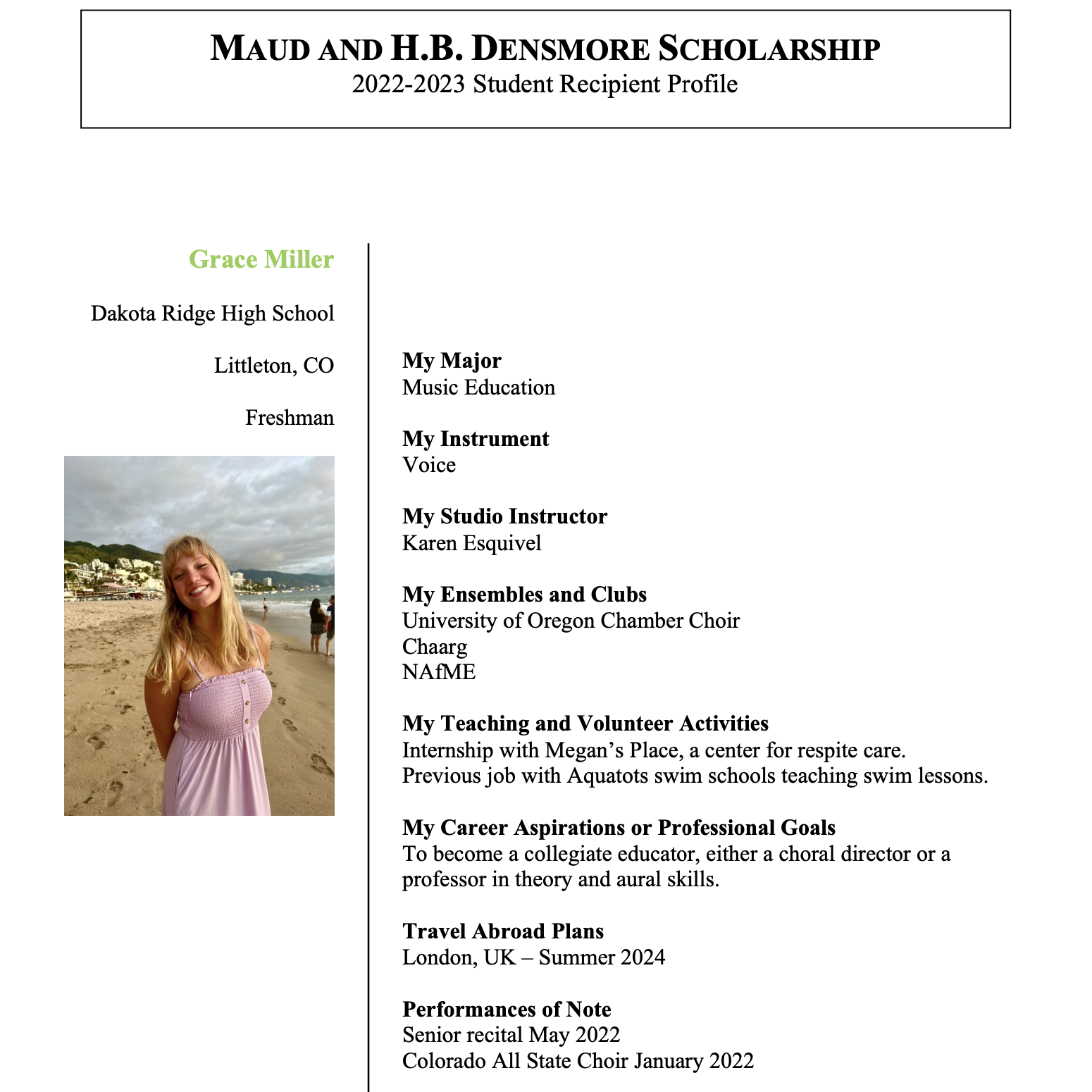 Grace Miller Densmore Scholarship winner 1.18.23